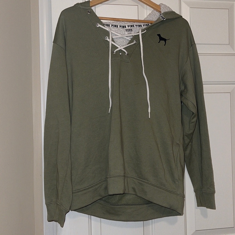 💜PINK sage green lace up hoodie with teddy hood